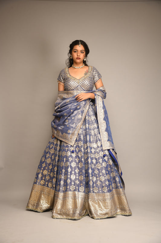 BLUE LILAC TISSUE LEHENGA