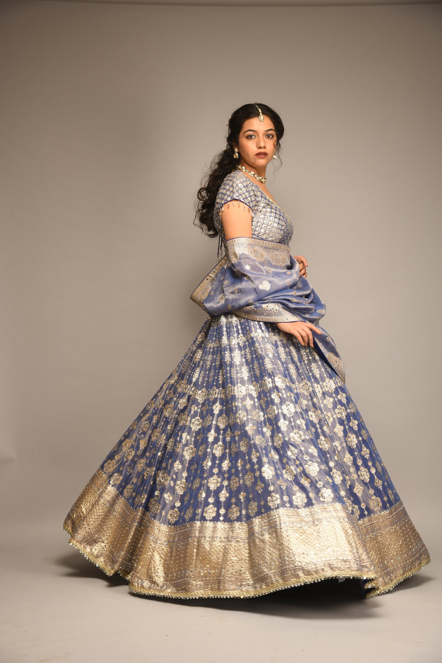BLUE LILAC TISSUE LEHENGA