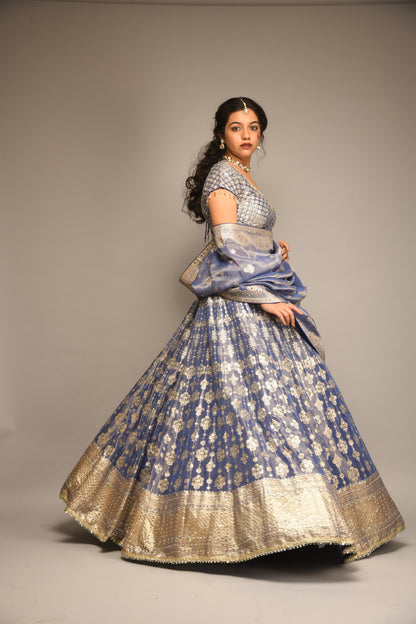 BLUE LILAC TISSUE LEHENGA