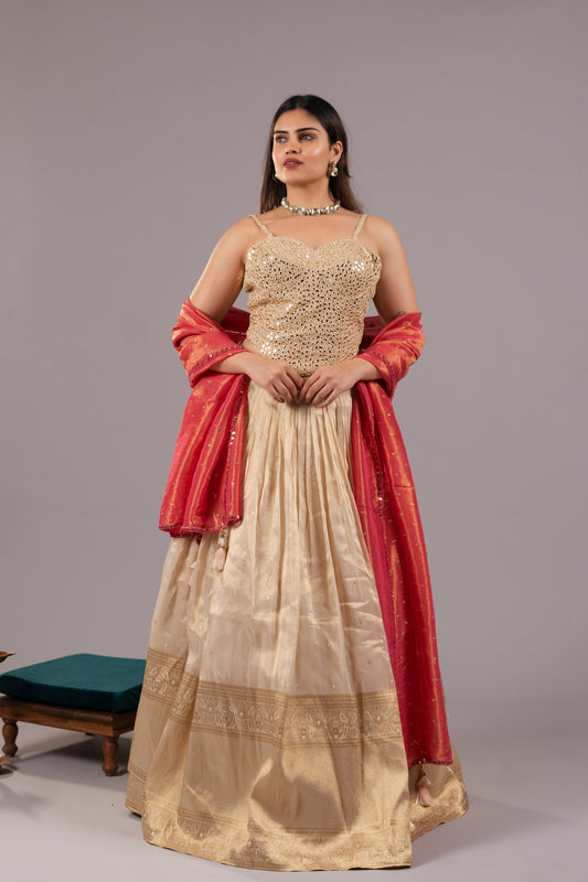CREAM TISSUE LEHENGA