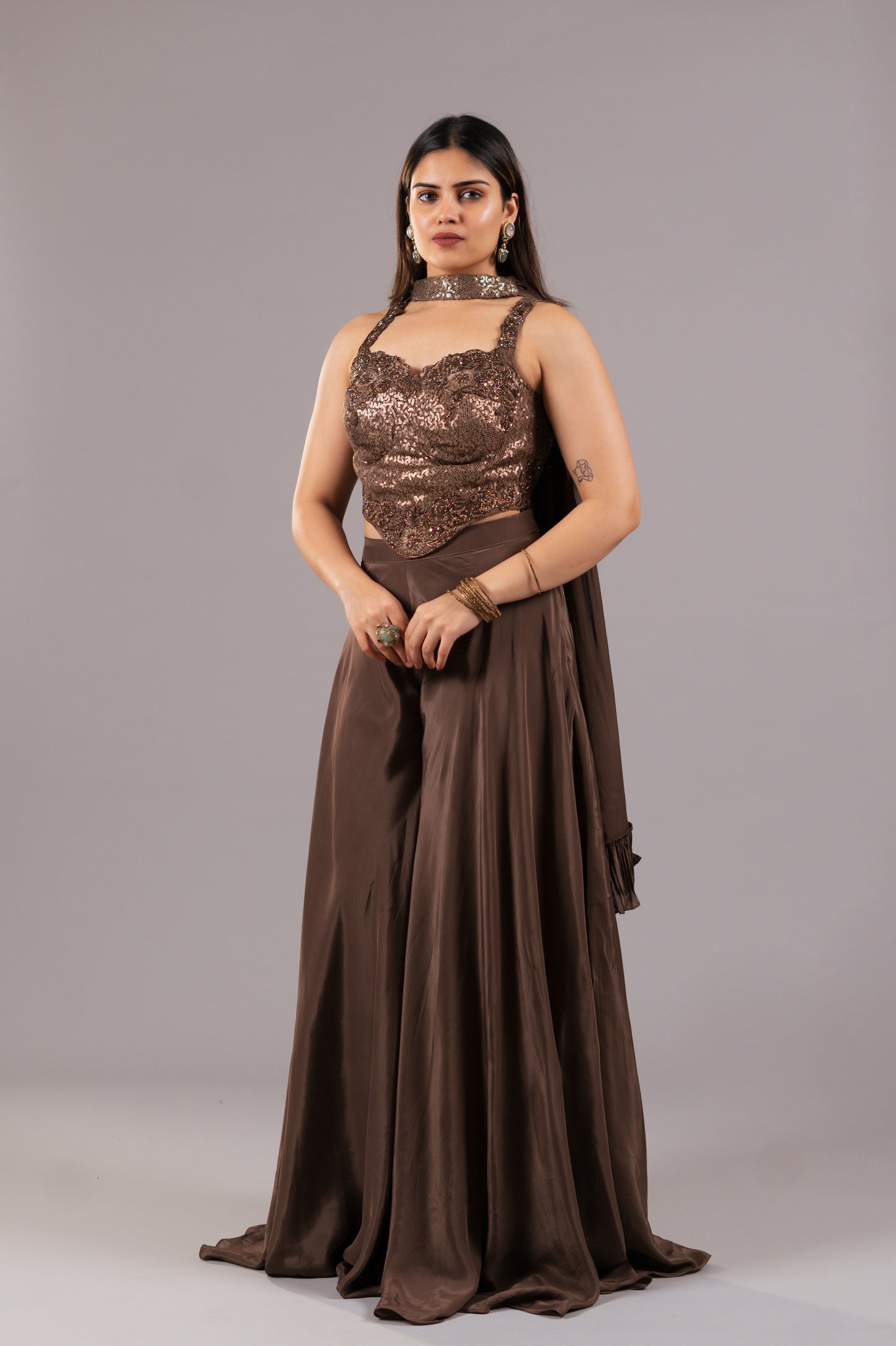 DARK BROWN CREPE PALAZZO SET