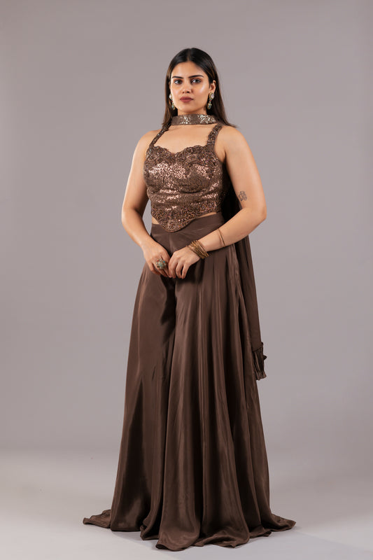 DARK BROWN CREPE PALAZZO SET