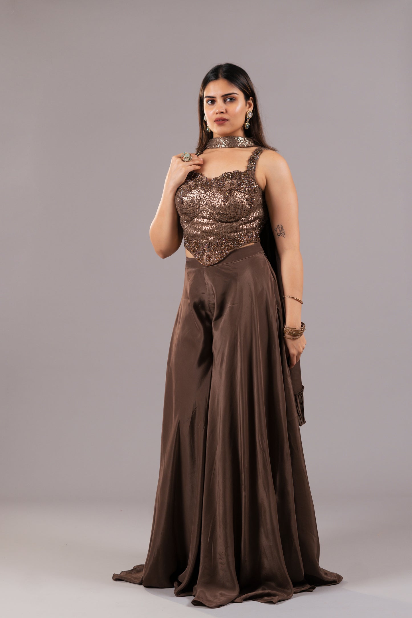 DARK BROWN CREPE PALAZZO SET