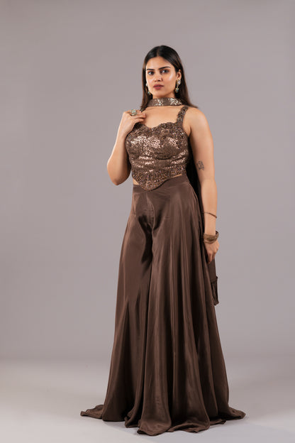 DARK BROWN CREPE PALAZZO SET
