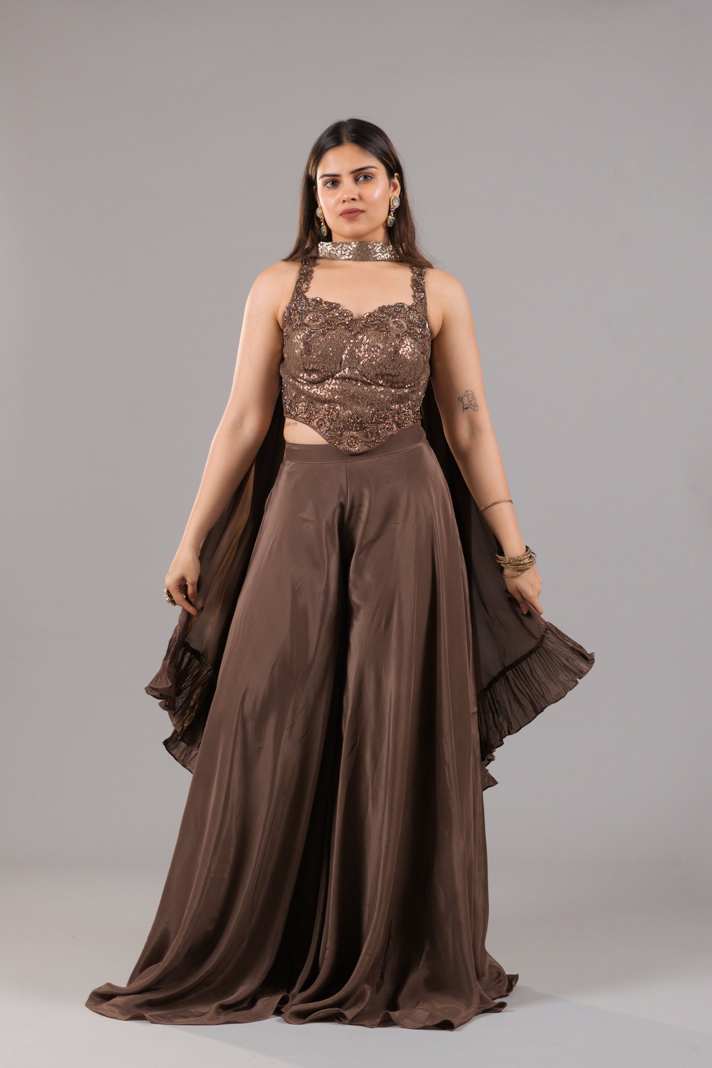 DARK BROWN CREPE PALAZZO SET