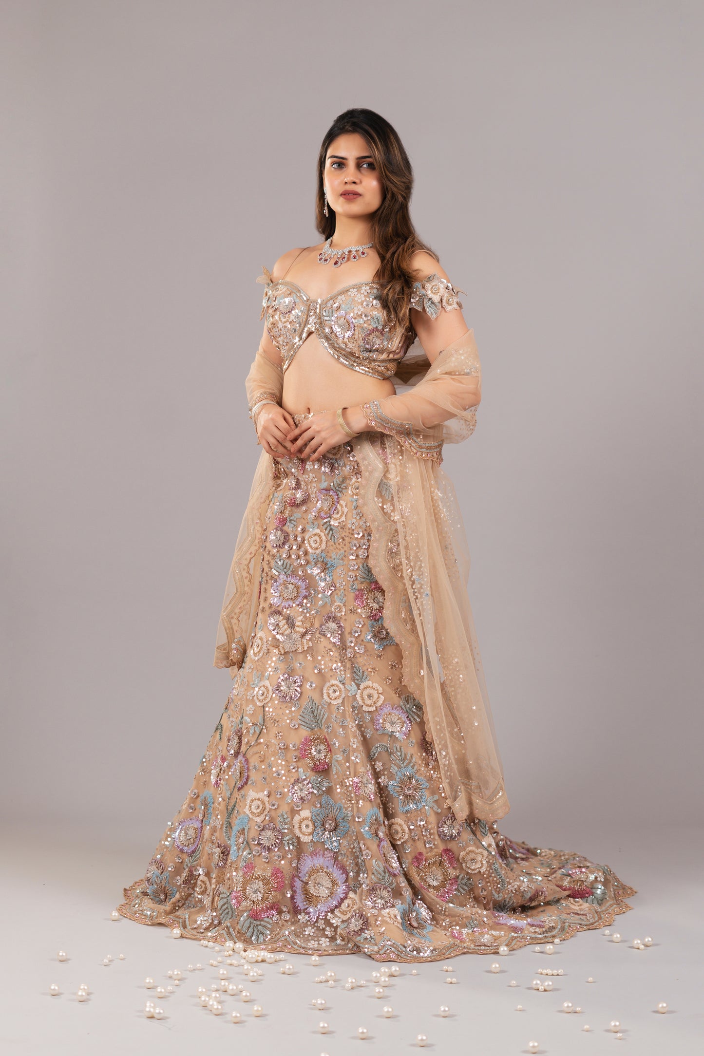 FRENCH BEIGE NET FISHCUT LEHENGA