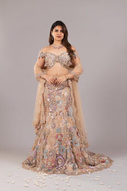 FRENCH BEIGE NET FISHCUT LEHENGA