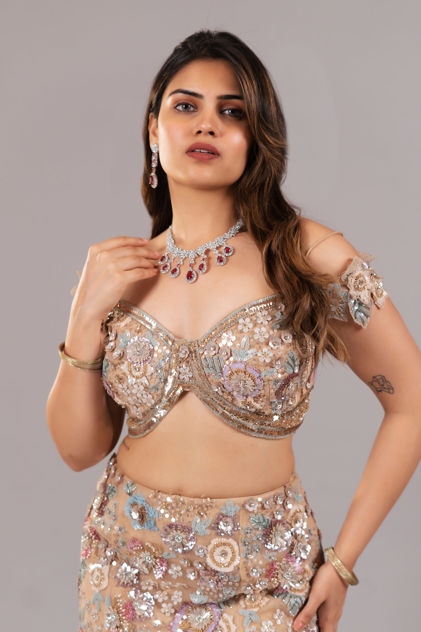 FRENCH BEIGE NET FISHCUT LEHENGA