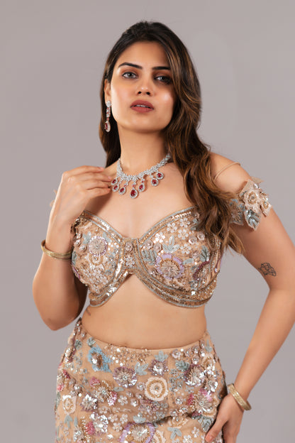 FRENCH BEIGE NET FISHCUT LEHENGA