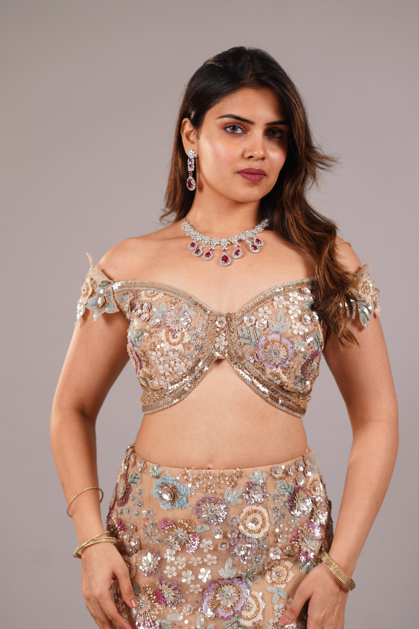 FRENCH BEIGE NET FISHCUT LEHENGA