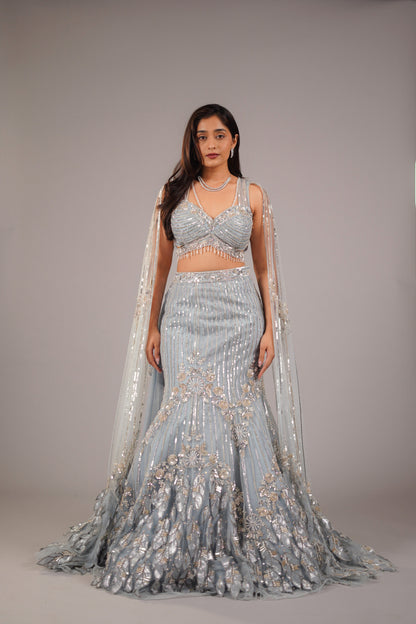 ICE BLUE NET FISHCUT LEHENGA