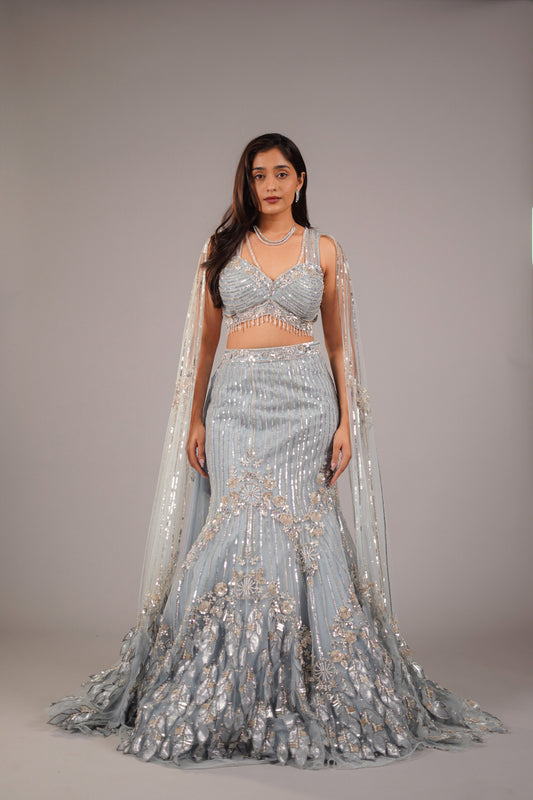 ICE BLUE NET FISHCUT LEHENGA