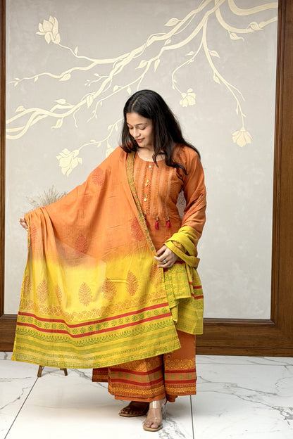 Orange Cotton Thread Work Dress Set