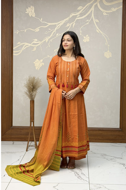 Orange Cotton Thread Work Dress Set