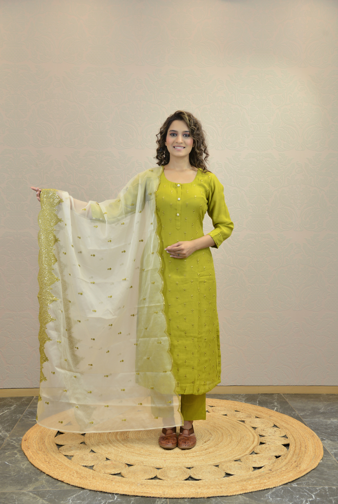 CITRON GREEN CRUSHED KURTA SET