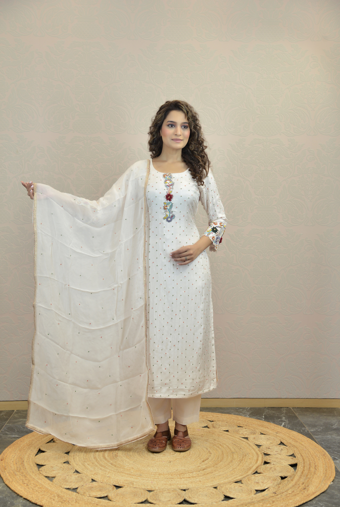 POWDER WHITE SILK KURTA SET