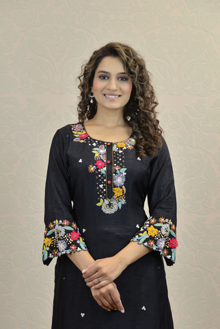 RICH BLACK MIX EMBROIDERY KURTA SET