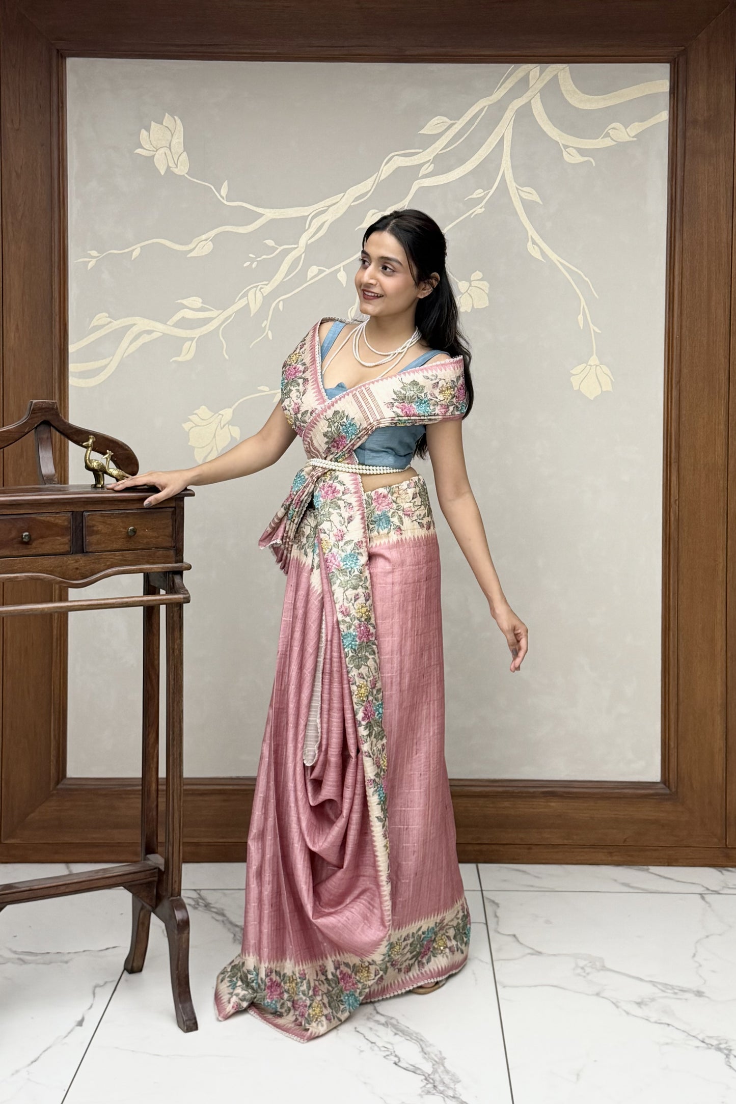 Pink Summer Bloom Cotton Linen Saree