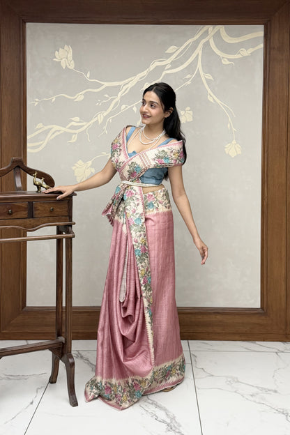 Pink Summer Bloom Cotton Linen Saree