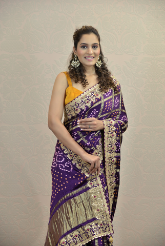 PURPLE GAJI SILK BANDHANI GHARCHOLA GOTA PATTI SAREE