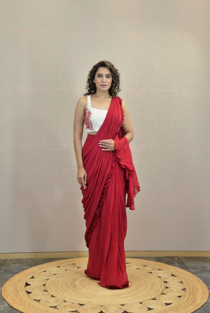 CANDY RED PRE STITCHED SAREE