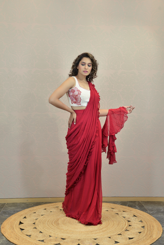 CANDY RED PRE STITCHED SAREE