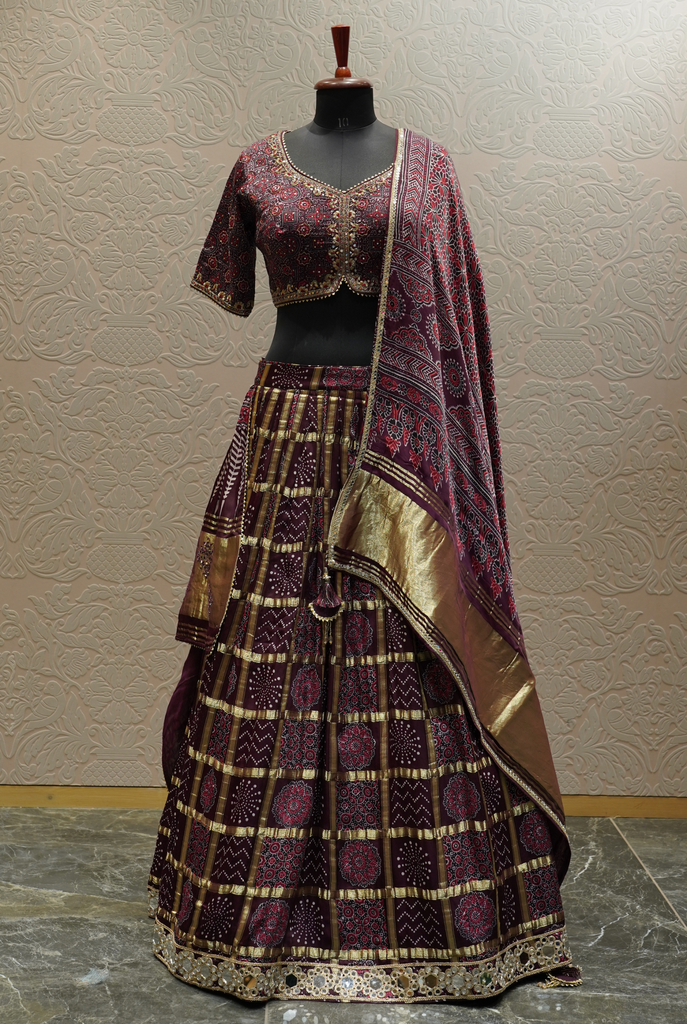 DARK BURGUNDY SATIN LEHENGA