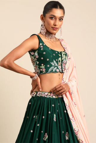 DARK GREEN GEORGETTE SEQUIN LEHENGA alternate