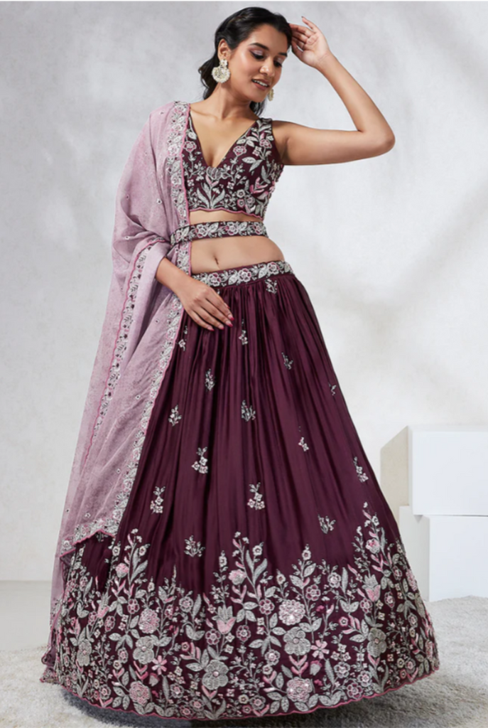 BURGUNDY GEORGETTE SEQUINS LEHENGA