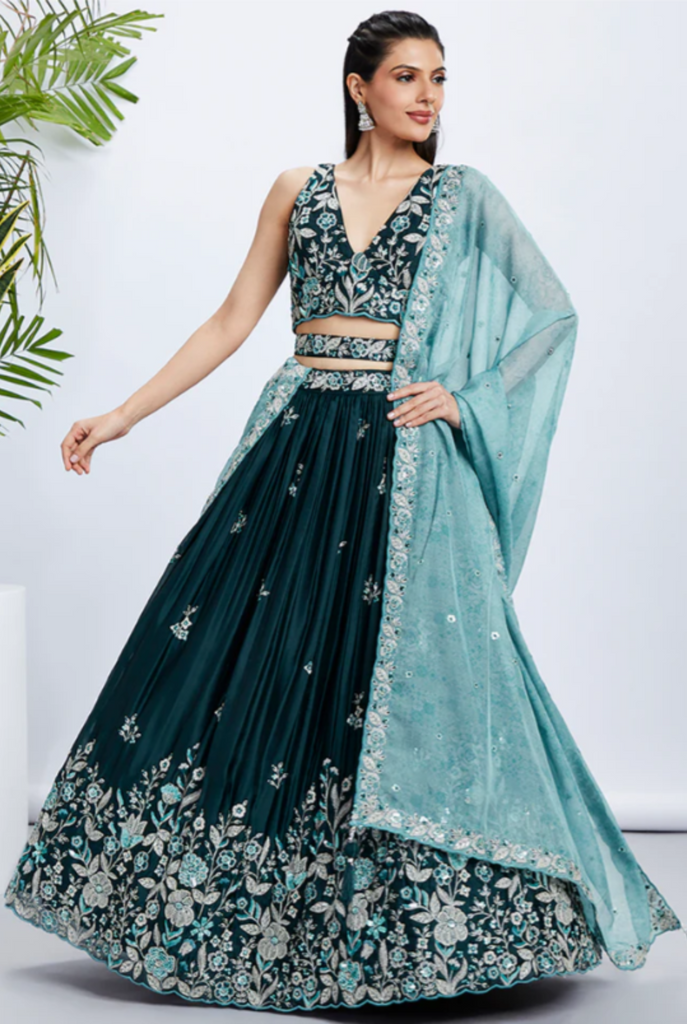 MIDNIGHT TEAL GEORGETTE LEHENGA