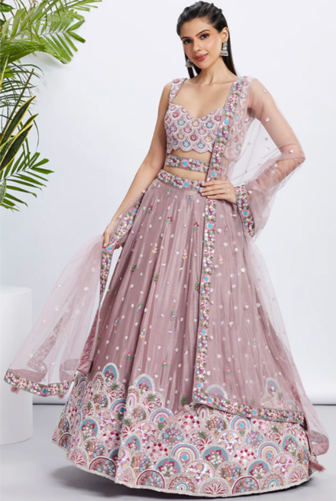 Rosegold Multi Thread White Sequins Chiffon Embroidered Semi-Stitched Lehenga choli