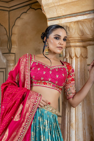 PEACOCK BLUE DOLA SILK LEHENGA alternate