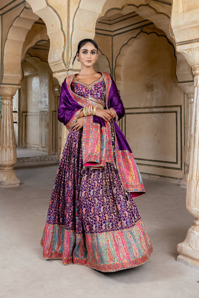 DARK VIOLET & PINK KASHMIRI WEAVING GAJI SATIN LEHENGA