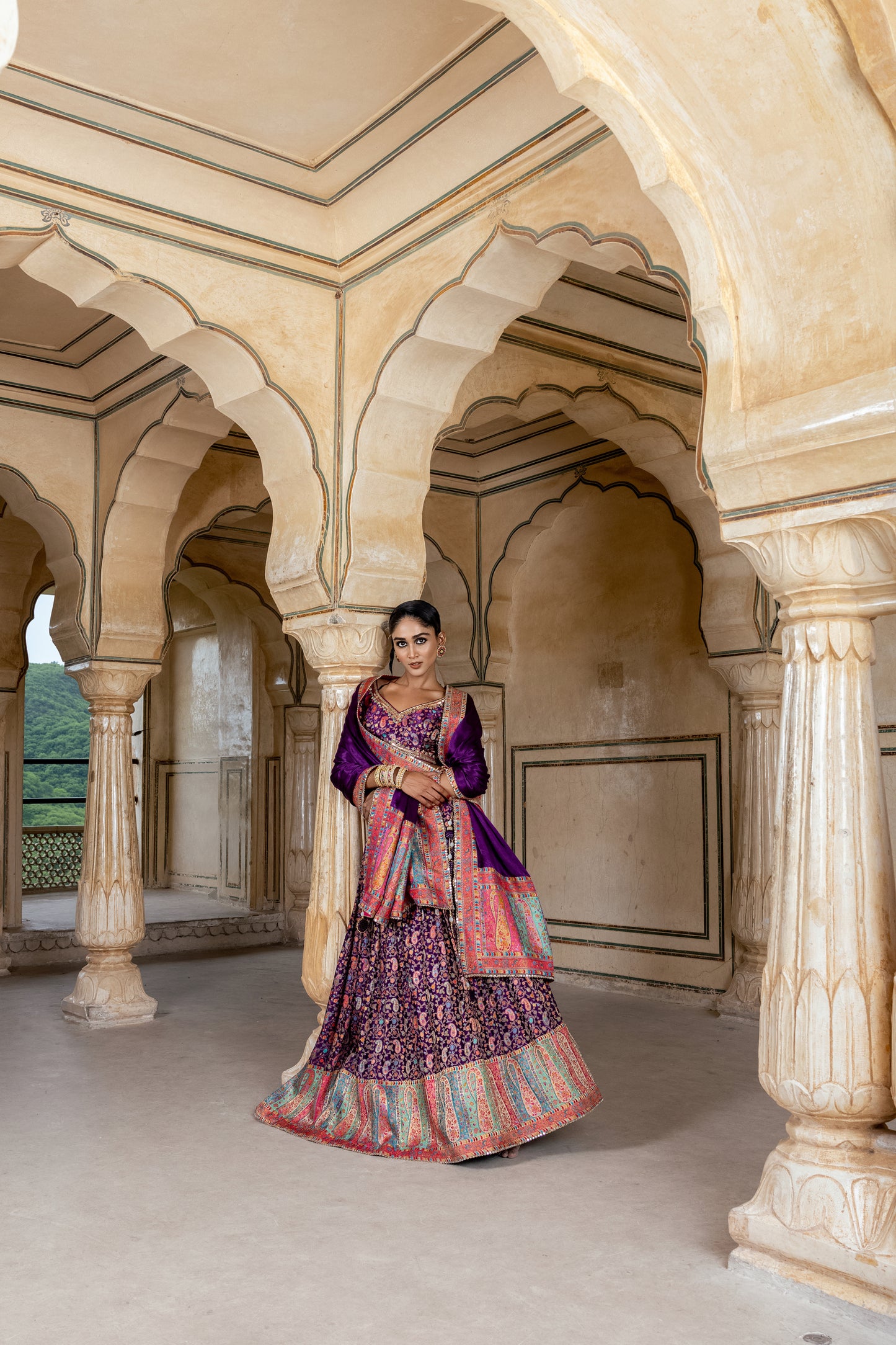 DARK VIOLET & PINK KASHMIRI WEAVING GAJI SATIN LEHENGA
