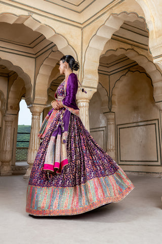 DARK VIOLET & PINK KASHMIRI WEAVING GAJI SATIN LEHENGA alternate