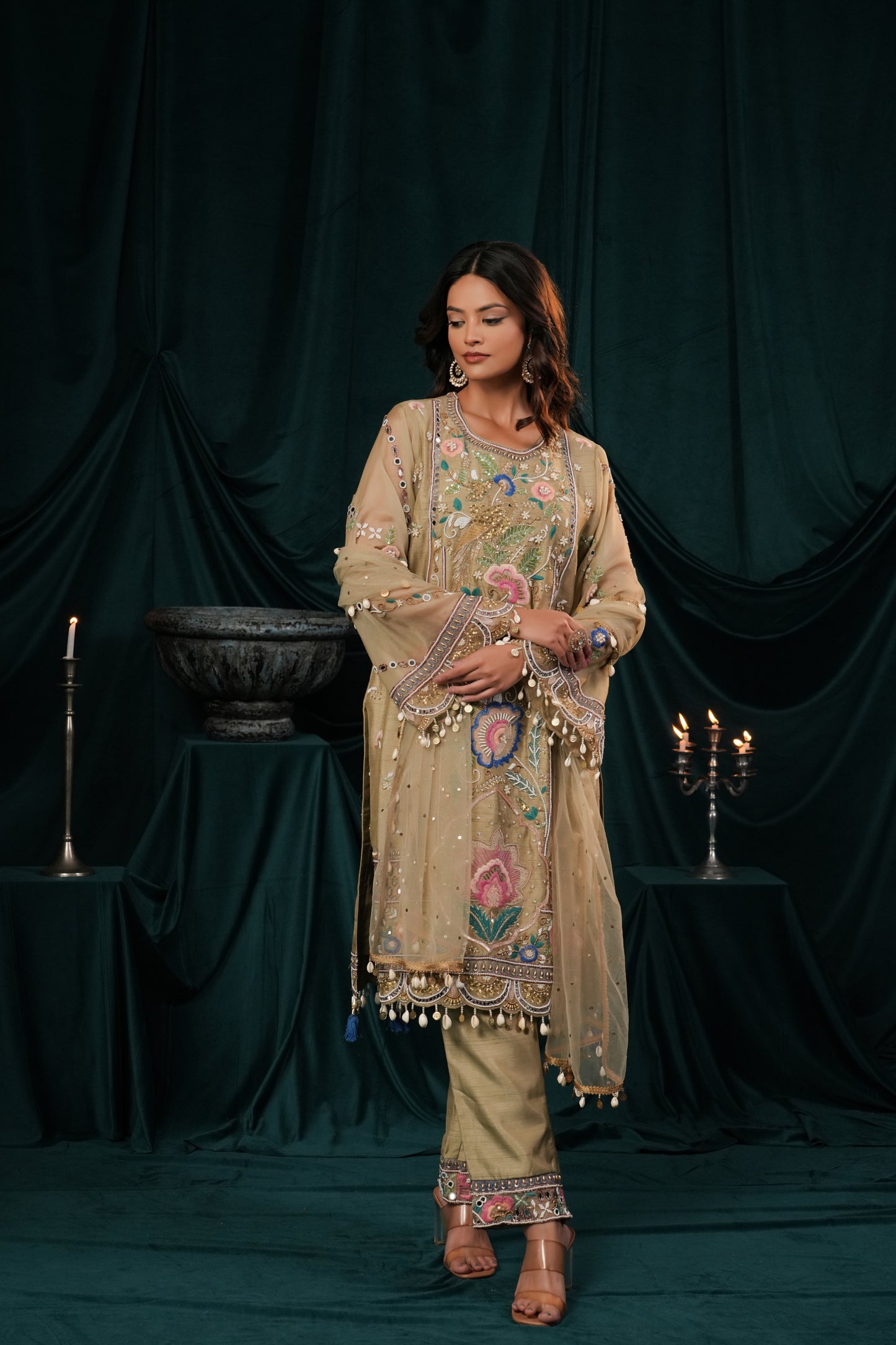 SAGE GREEN EMBROIDERED SILK SUIT