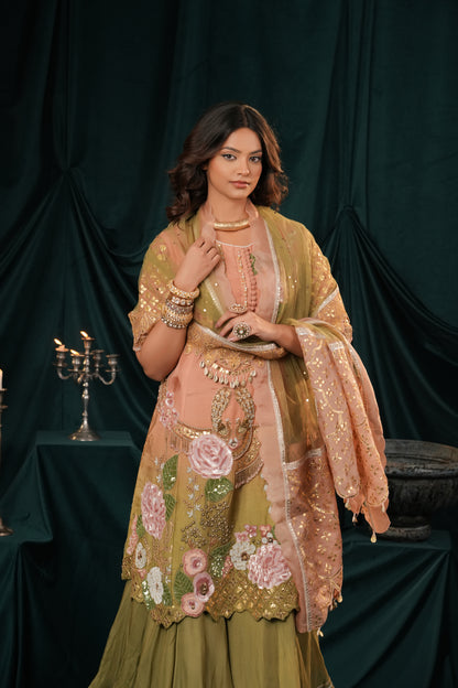 PEACH & GREEN SHARARA SET