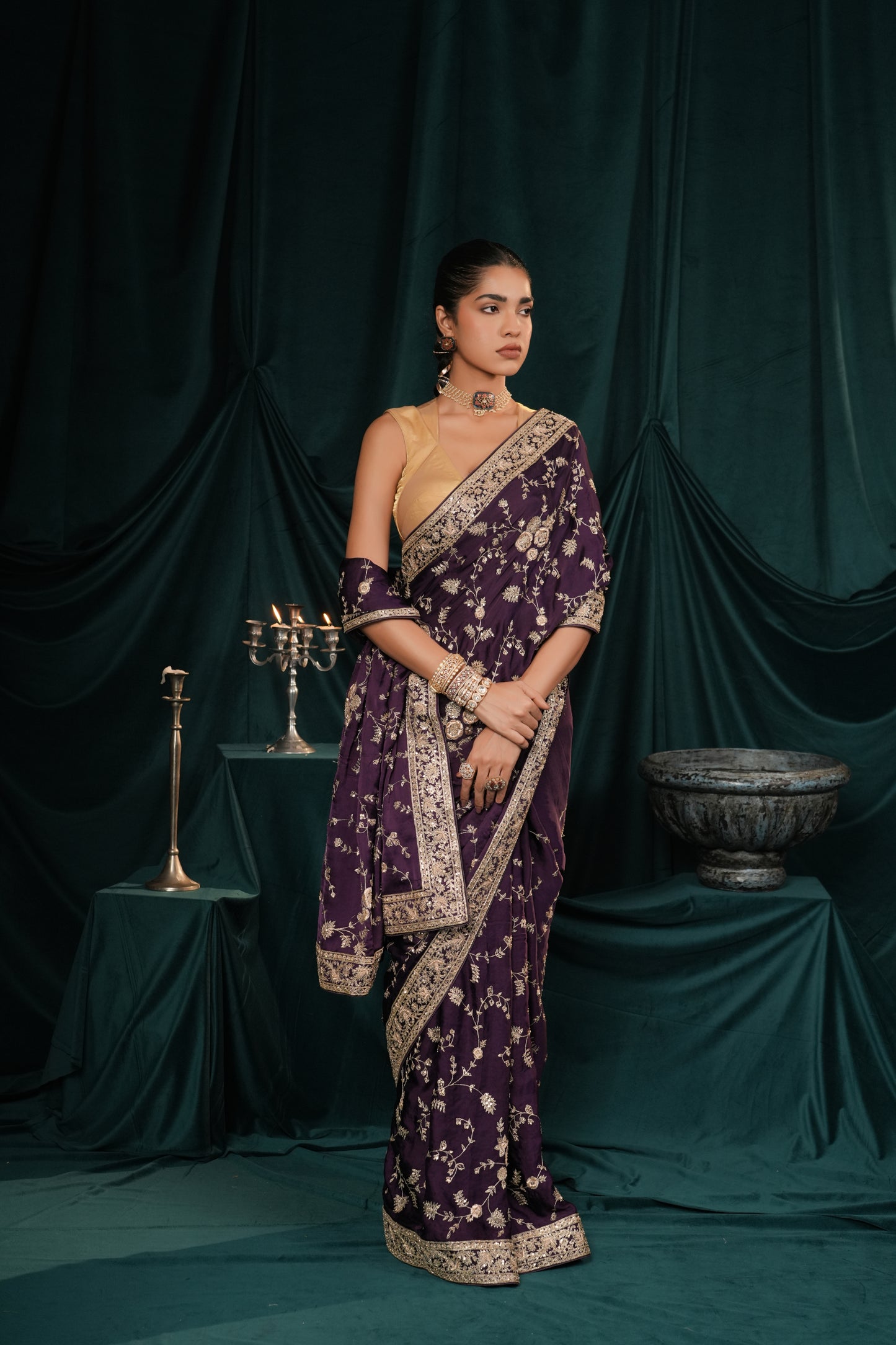 DARK PURPLE SATIN SILK EMBROIDERED SAREE