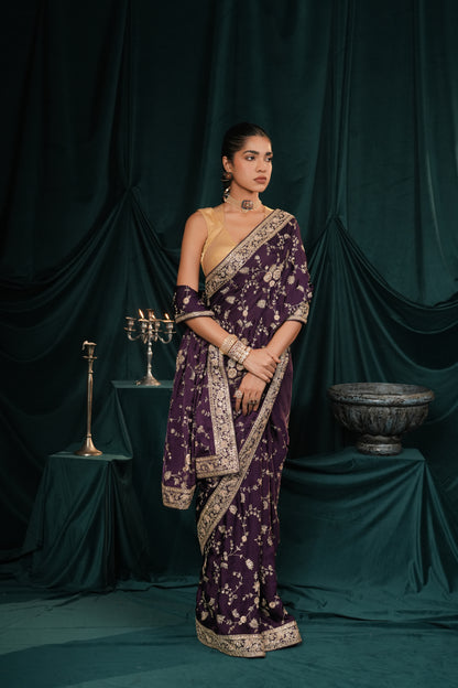 DARK PURPLE SATIN SILK EMBROIDERED SAREE