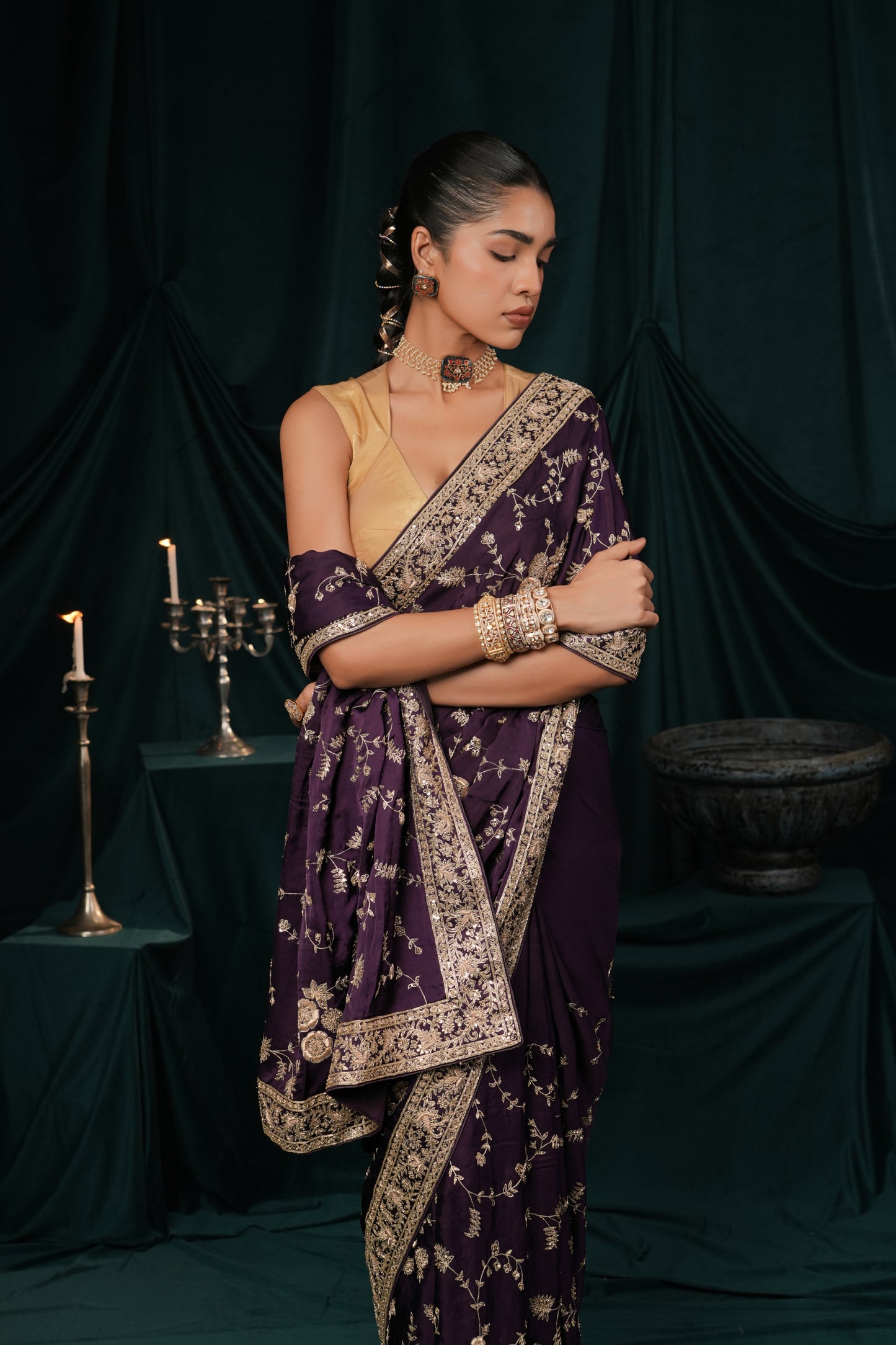 DARK PURPLE SATIN SILK EMBROIDERED SAREE