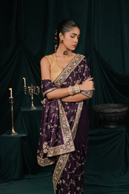 DARK PURPLE SATIN SILK EMBROIDERED SAREE