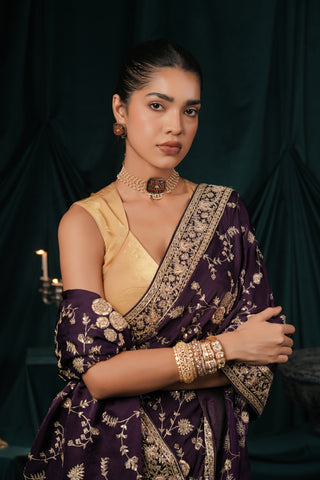 DARK PURPLE SATIN SILK EMBROIDERED SAREE alternate