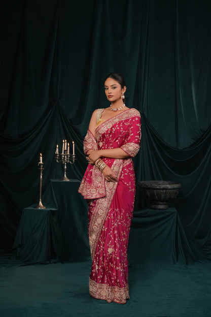 RASPBERRY PINK SATIN SILK EMBROIDERED SAREE