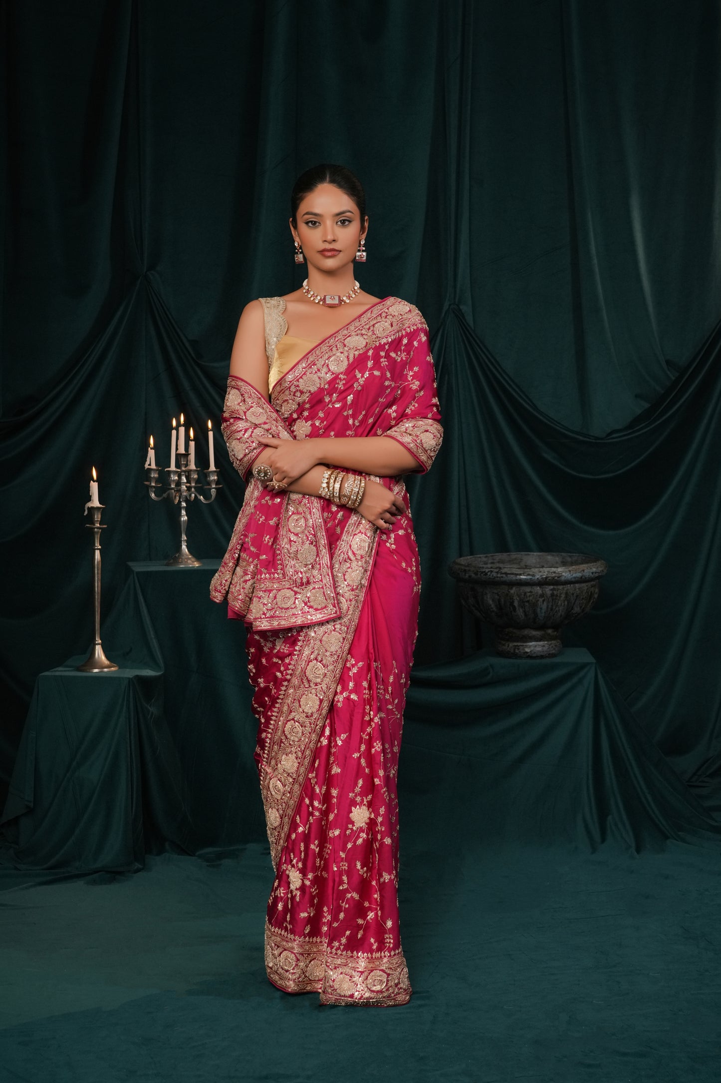 RASPBERRY PINK SATIN SILK EMBROIDERED SAREE
