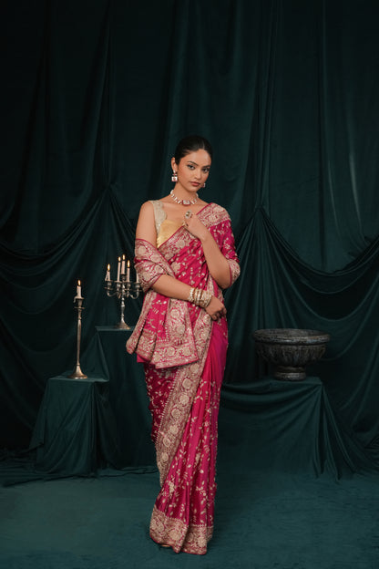 RASPBERRY PINK SATIN SILK EMBROIDERED SAREE