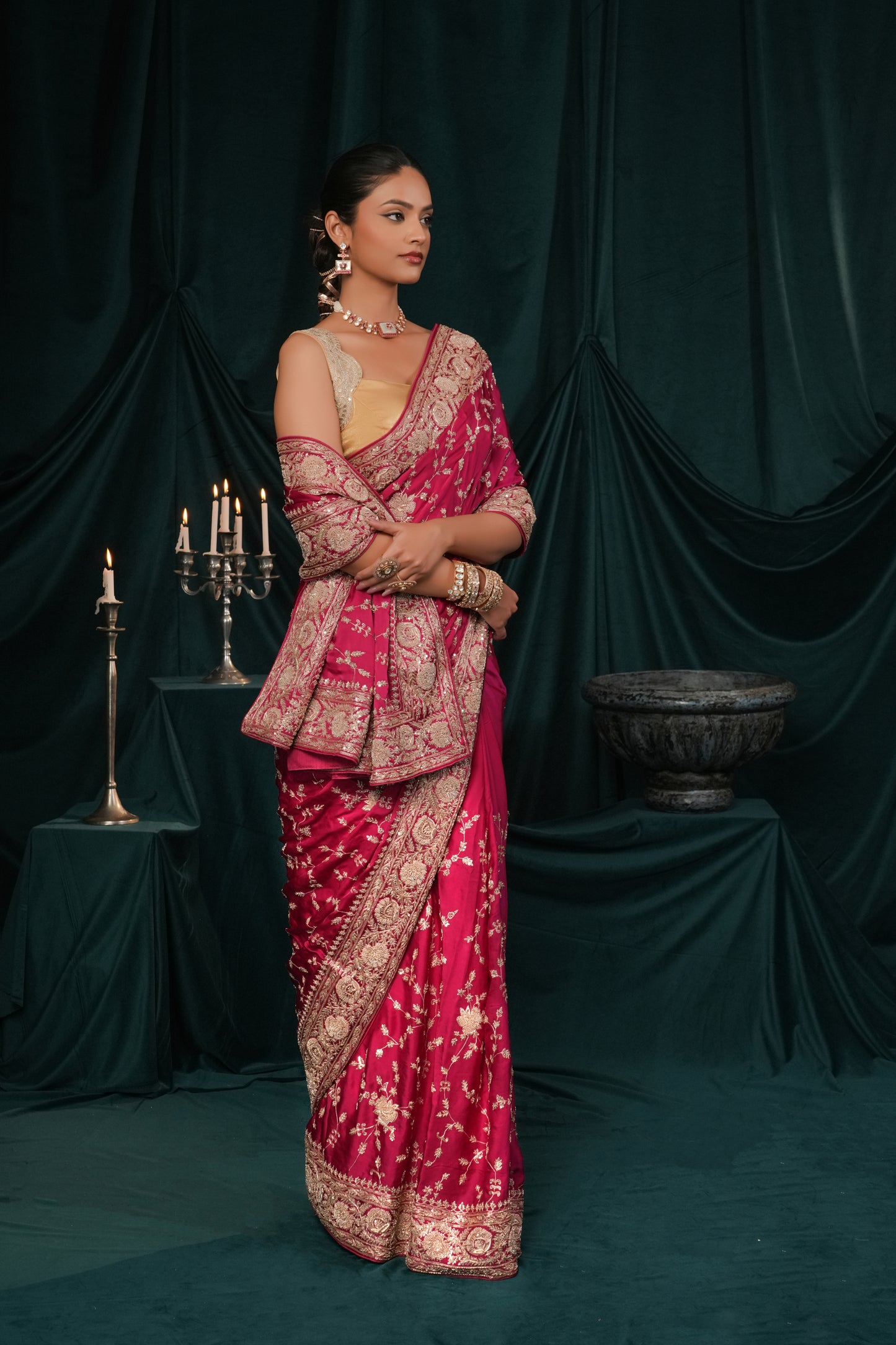 RASPBERRY PINK SATIN SILK EMBROIDERED SAREE