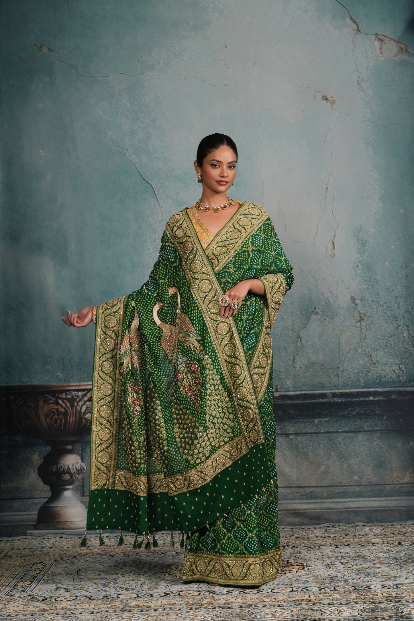 EMERALD GREEN BANDHEJ EMBROIDERED SAREE
