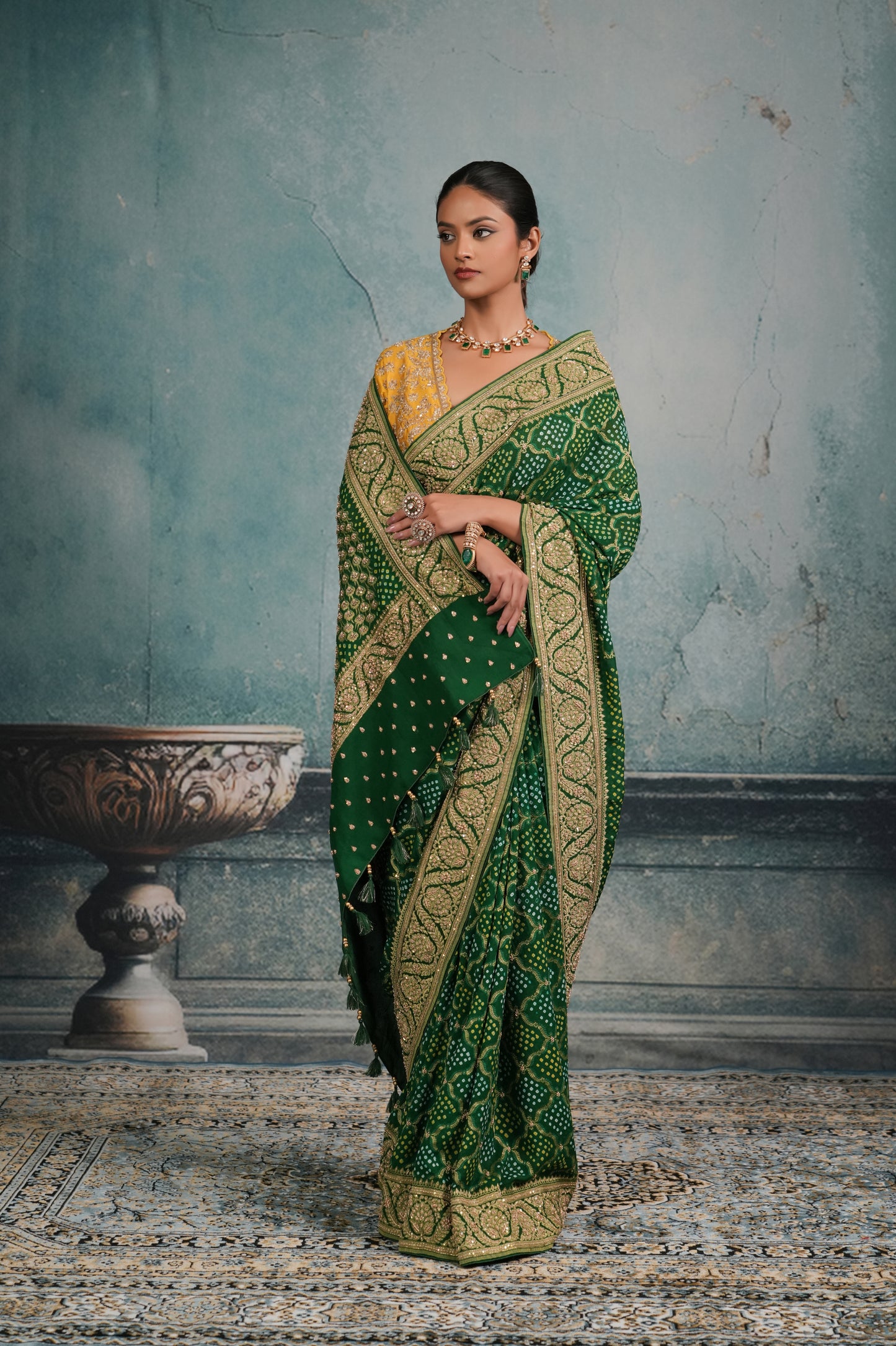 EMERALD GREEN BANDHEJ EMBROIDERED SAREE