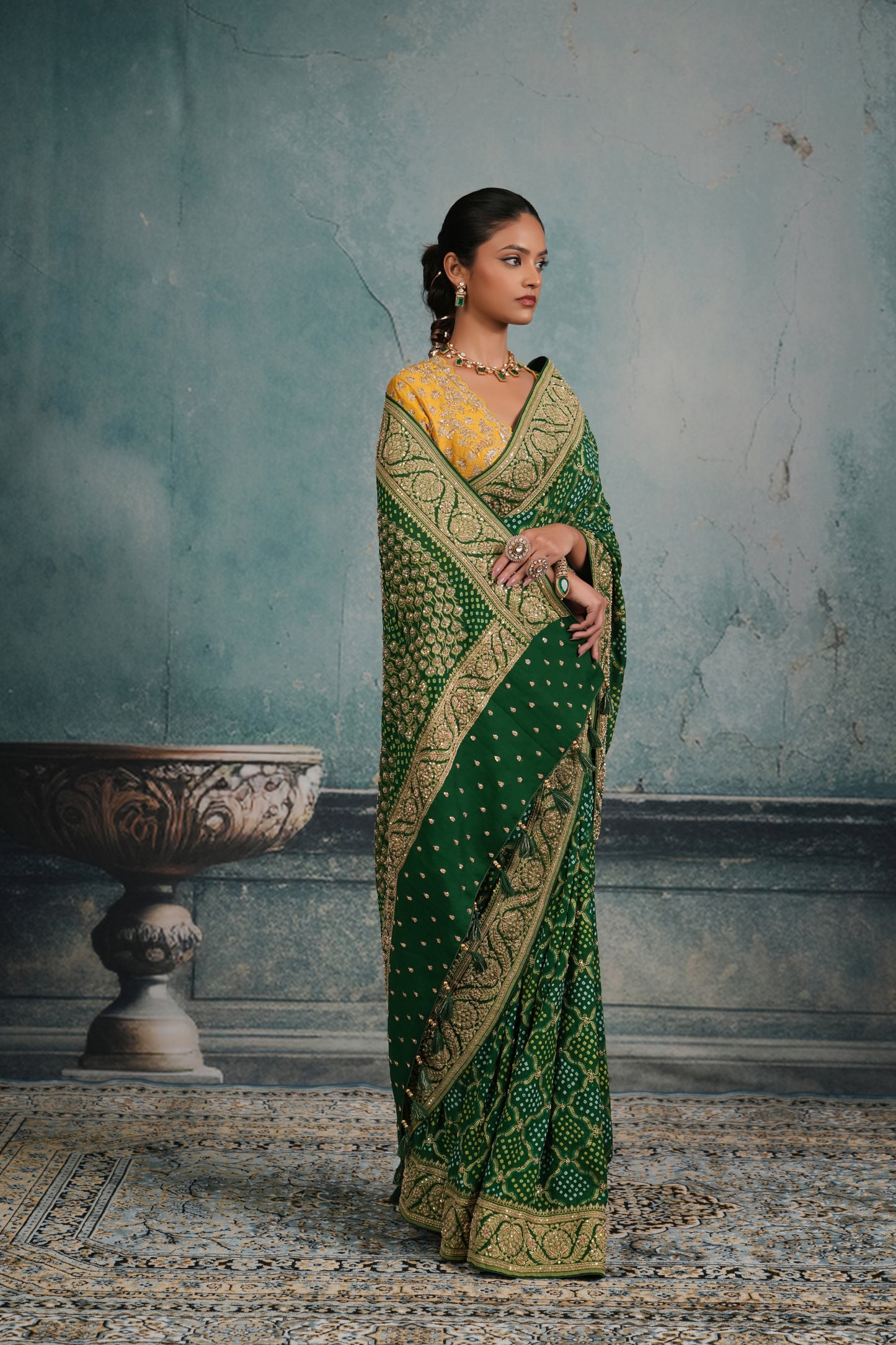 EMERALD GREEN BANDHEJ EMBROIDERED SAREE