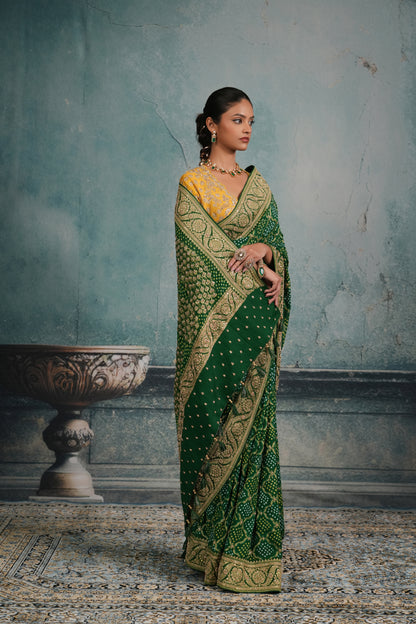 EMERALD GREEN BANDHEJ EMBROIDERED SAREE